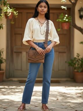 Brown Bohemian Laser-Cut Leather Crossbody Bag